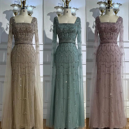 Luxury Arabic Caramel Beaded Evening Dress with Cape Sleeves LA72966A