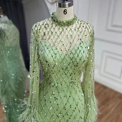 Luxury Dubai Caramel Beaded Feathers Mermaid Evening Dress LA72394A