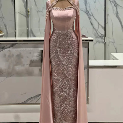 Luxury Arabic Pearls Pink Evening Dress with Cape LA73051