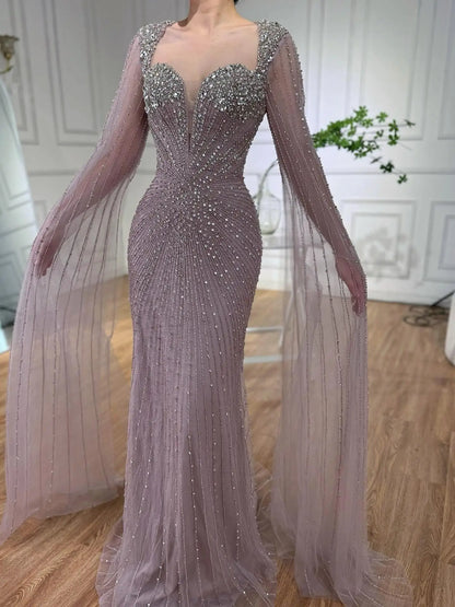 Luxury Caramel Crystal Beaded Mermaid Evening Dress with Cape LA72575D
