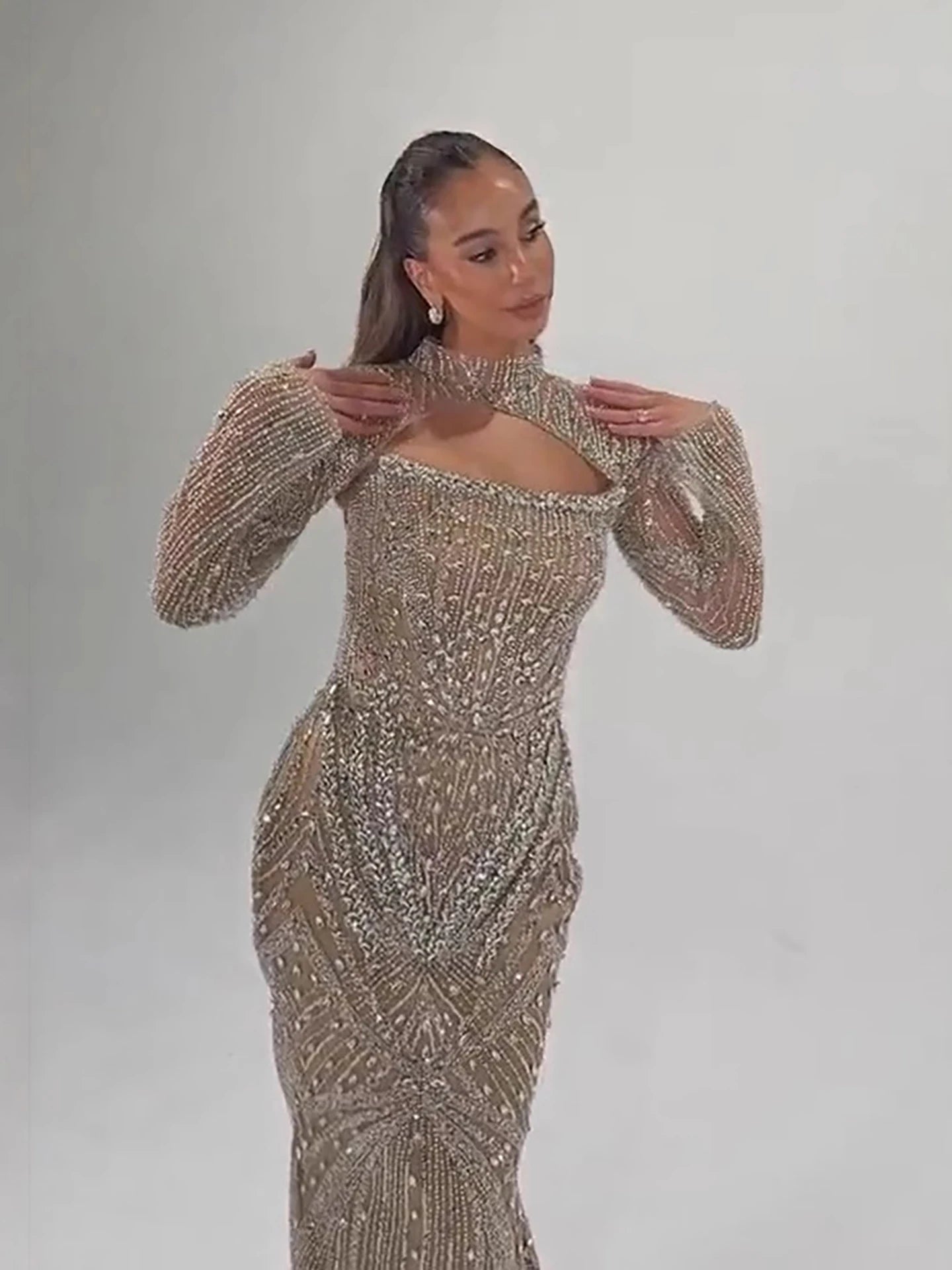 Luxury Arabic Nude Crystal Beaded Mermaid Evening Dress with Jacket LA73376