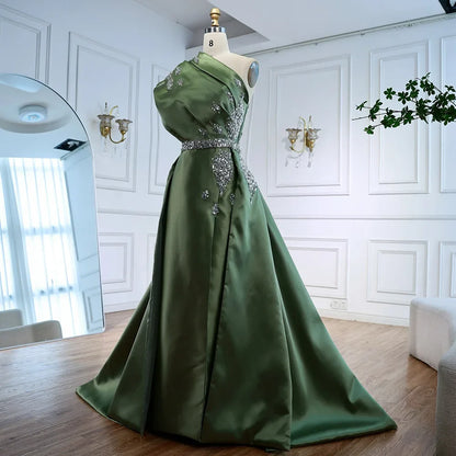 Luxury Dark Green Satin Beaded One Shoulder Evening Dress LA72845