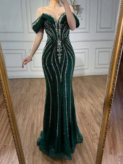 Luxury Gold Crystal Beaded Mermaid Evening Dress LA73142
