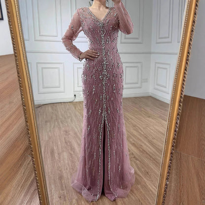 Luxury Turquoise Crystal Beaded Evening Dress Elegant Slit Gown LA73179