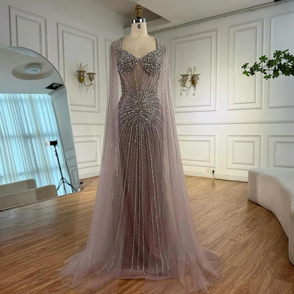 Luxury Nude Beaded Evening Dress with Cape Sleeves LA72575C