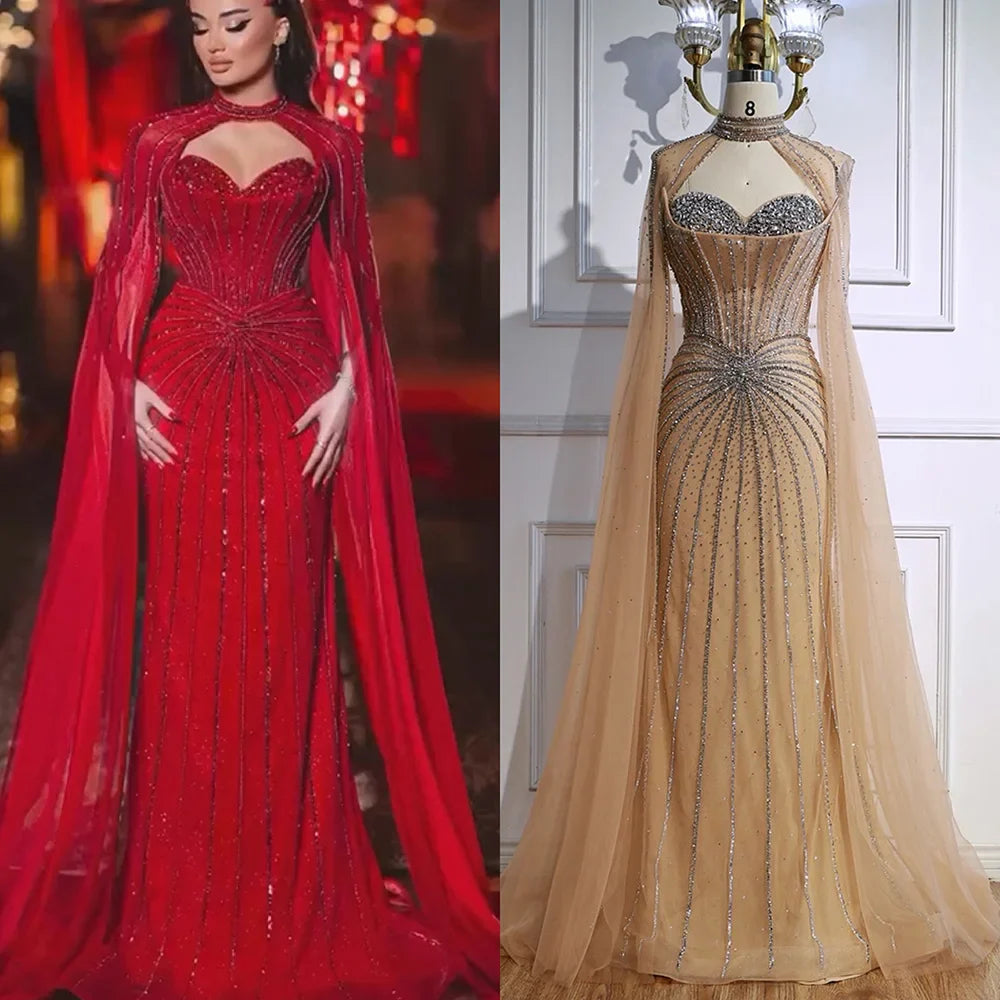 Nude Luxury Beaded Mermaid Evening Gown with Cape Sleeves LA72811A