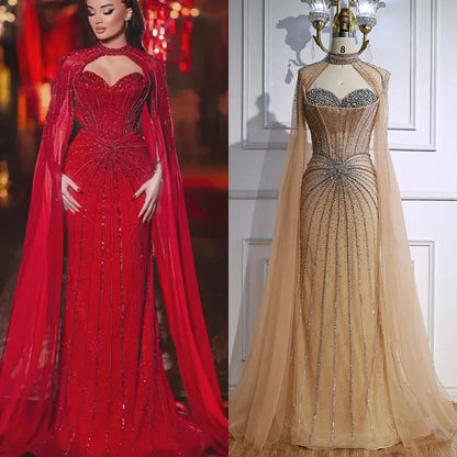 Nude Luxury Beaded Mermaid Evening Gown with Cape Sleeves LA72811A