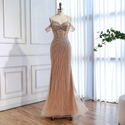 Luxury Nude Off Shoulder Beaded Mermaid Gown with Overskirt LA73139