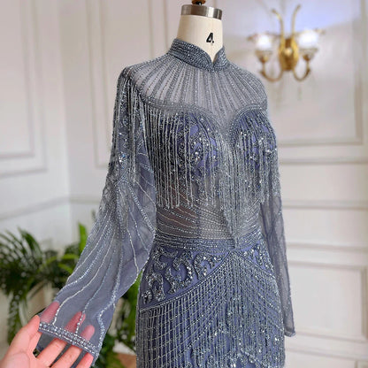 Luxury Blue Beaded Tassel Mermaid Evening Dress Dubai Style LA71986