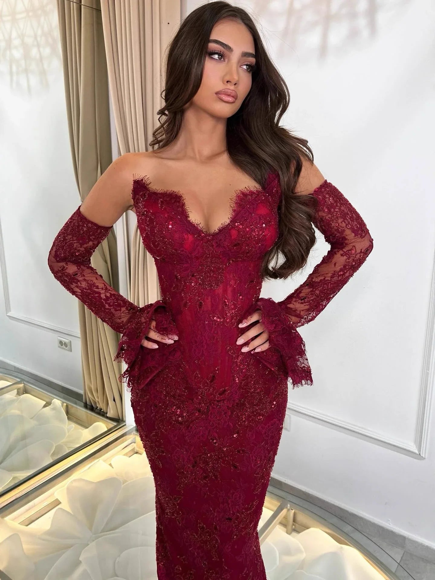 Luxury Wine Red Lace Beaded Mermaid Evening Dress LA73341