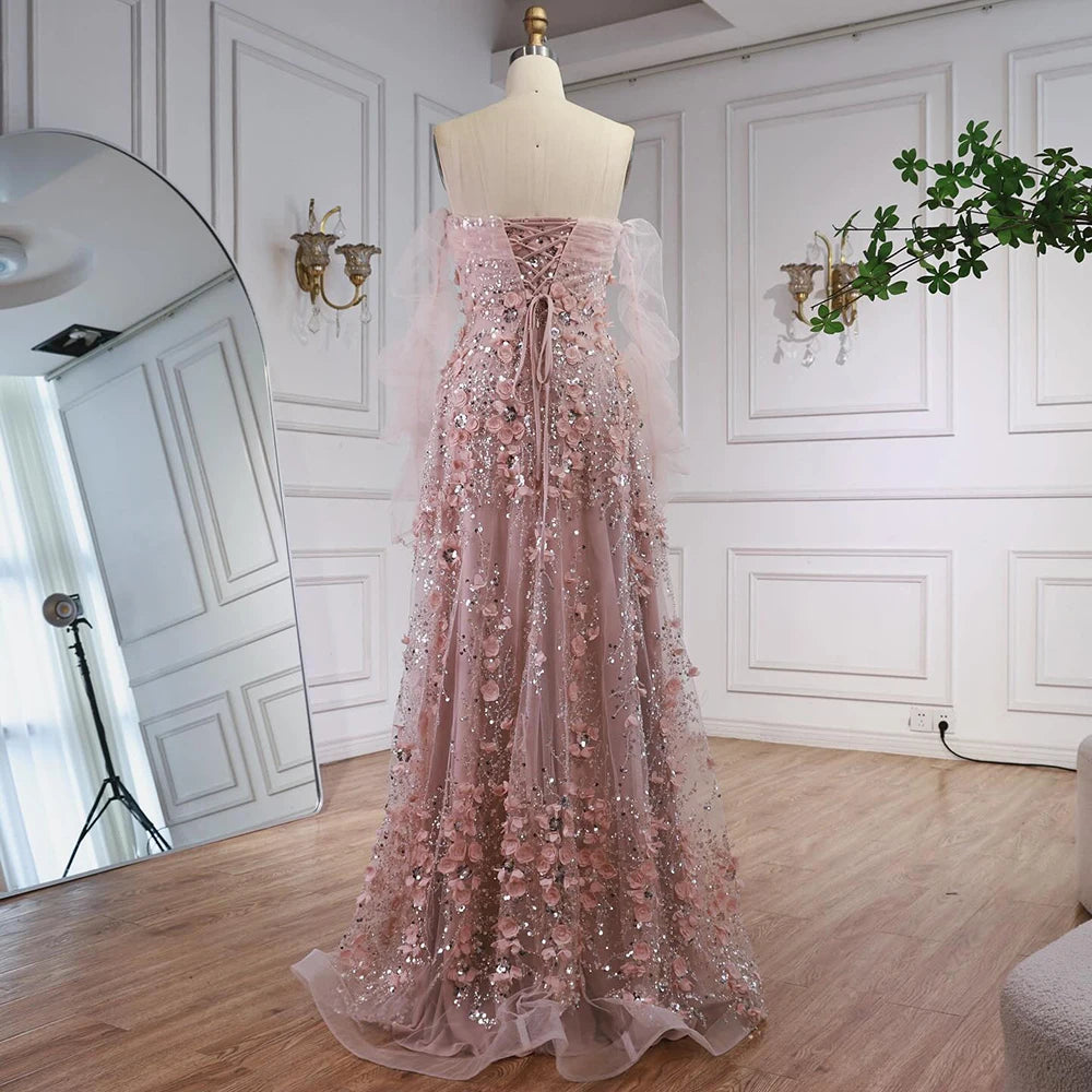 Elegant Pink 3D Flowers Evening Dress with Gloves LA72912