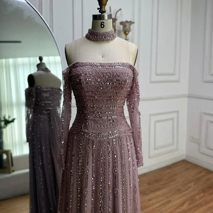 Luxury Caramel Off Shoulder Beaded Mermaid Evening Dress Long Sleeves LA73053
