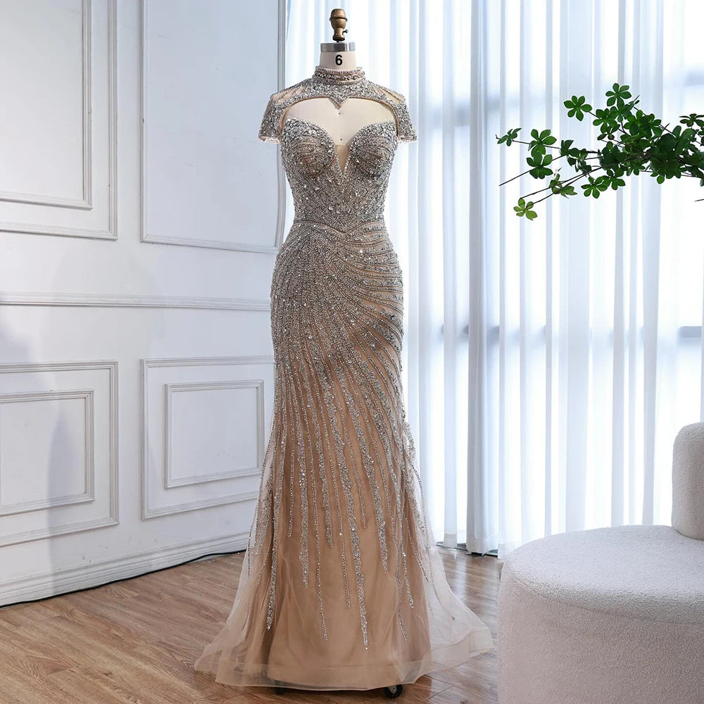 Nude Mermaid Evening Dress with Detachable Beaded High Neck LA73087
