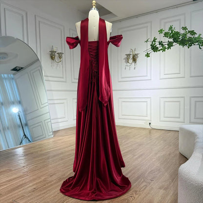 Luxury Wine Red Satin Evening Dress Elegant Gown LA73168