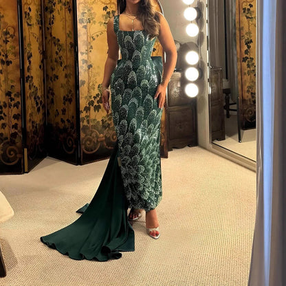 Luxury Evening Dress Emerald Green Bow Sheath Straight With Train LA73380