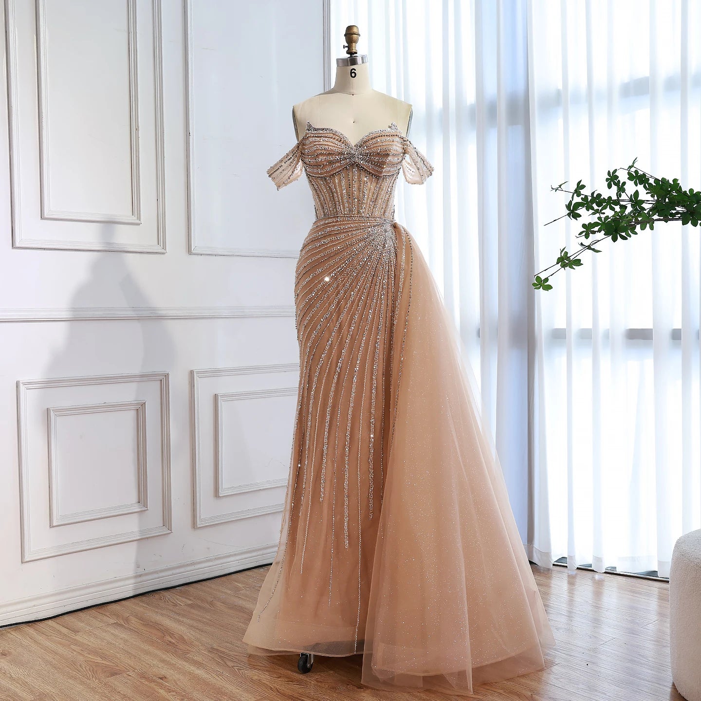 Luxury Nude Off Shoulder Beaded Mermaid Gown with Overskirt LA73139