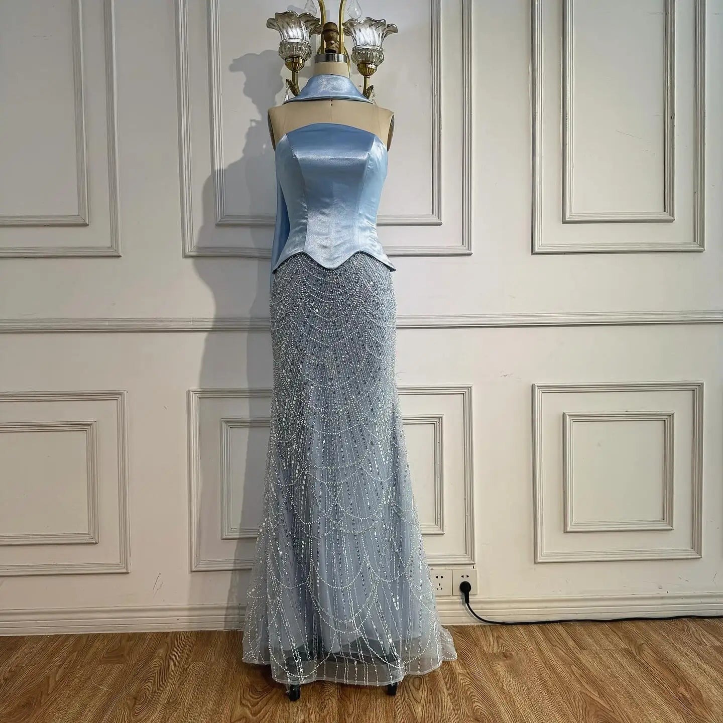 Blue Arabic Dubai Designer A-Line Evening Dress for Women Party LA73216