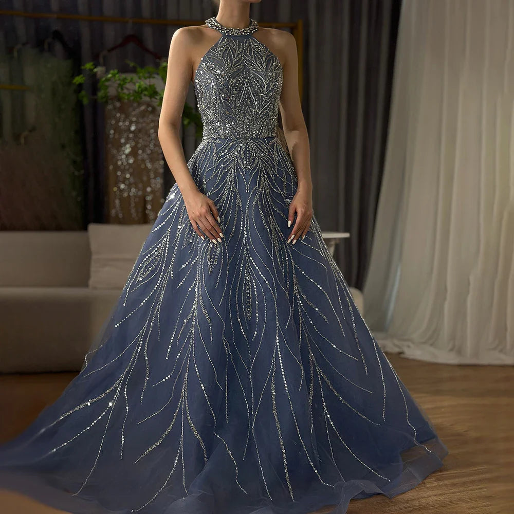 Serene Hill Elegant Blue Arabic A-line Halter Gown Luxury Dubai Evening Dress for Women Wedding Party 2025 LA72302