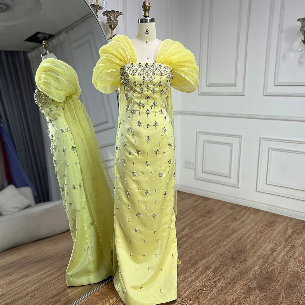 Luxury Dubai  Elegant Yellow Saudi Arabic Ankle Length Evening Gown Beaded Dress for Formal Occasion LA72756