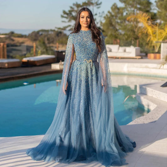Luxury Blue A-Line High Neck Beaded Evening Dress with Cape Sleeves LA70066B