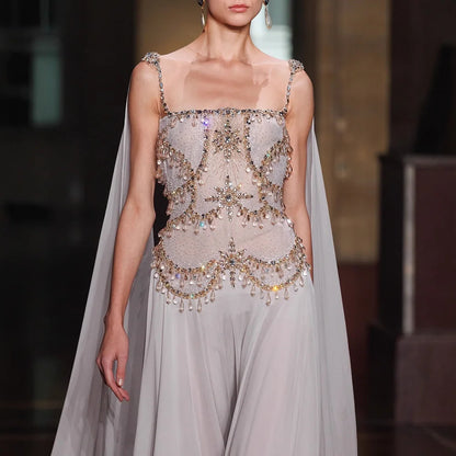 Luxury White Chiffon Cape Evening Dress with Beaded Bodice LA73123