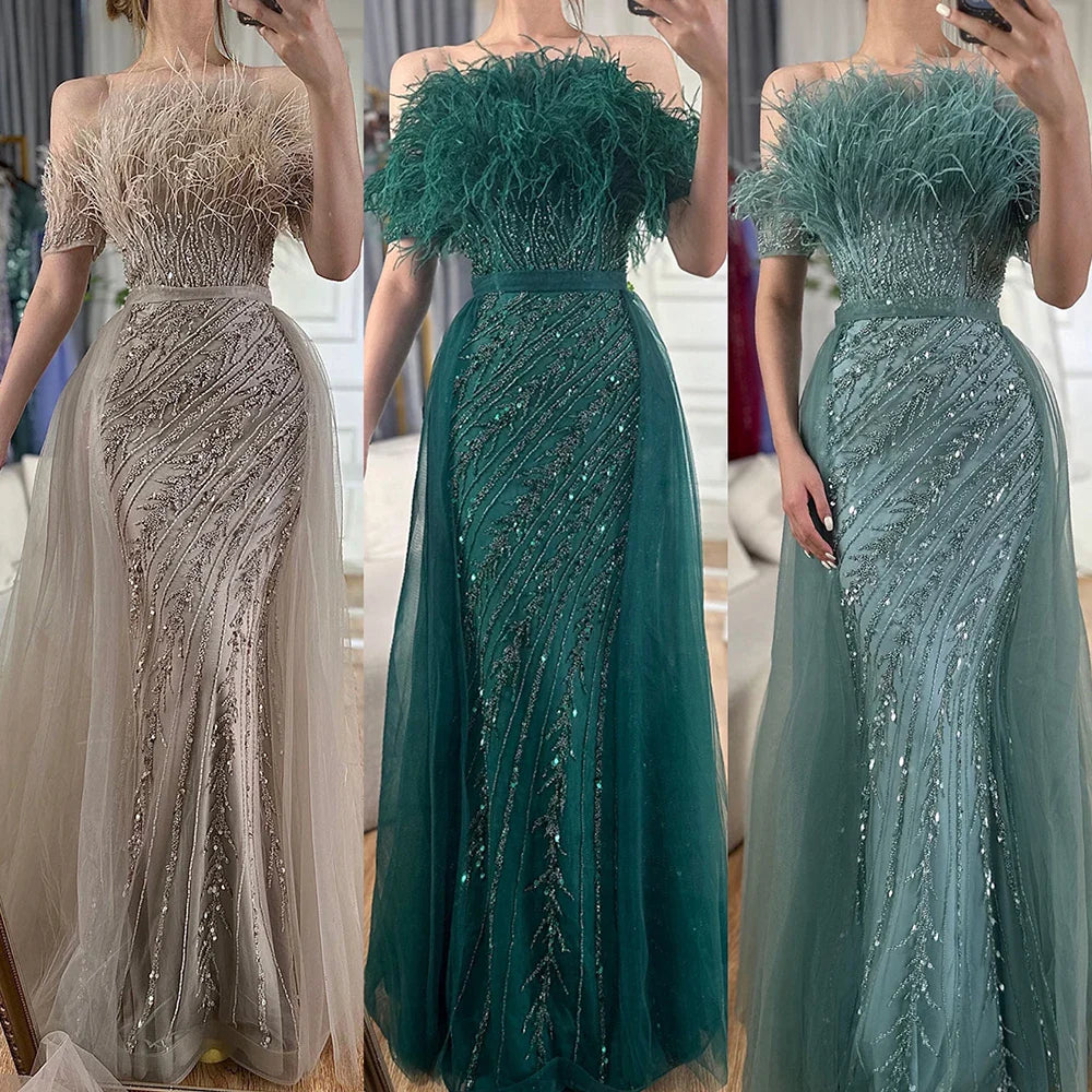 Luxury Dubai  Saudi Arabic Beaded Caramel Mermaid Elegant Evening Dresses Gowns with Overskirt for Formal Occasion LA71634A
