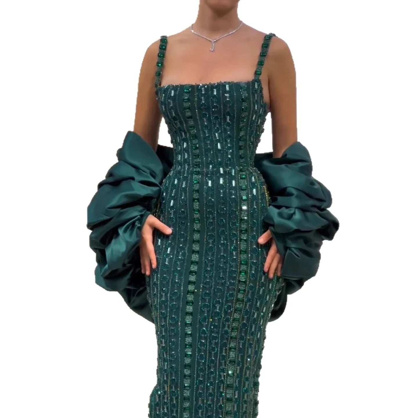 Luxury Kosovo Green Square Beaded Evening Dress with Cape LA73355