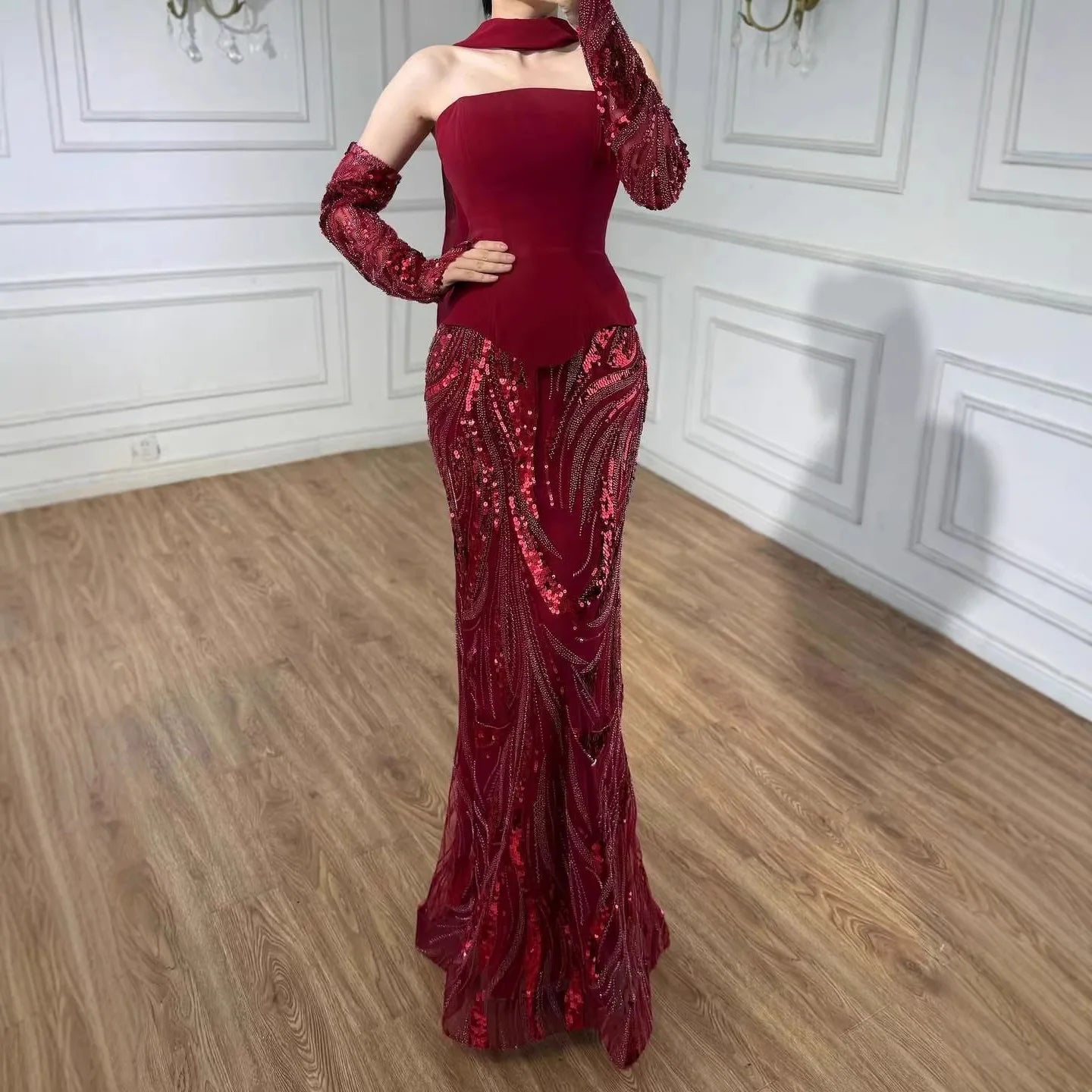 Luxuriöses weinrotes Meerjungfrauen-Abendkleid mit Handschuhen LA73050E