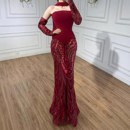 Luxuriöses weinrotes Meerjungfrauen-Abendkleid mit Handschuhen LA73050E