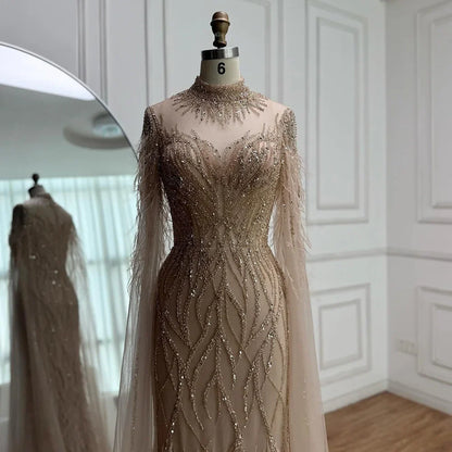 Luxury Nude Feather Beaded High Neck Formal Evening Dress for Women LA71885C