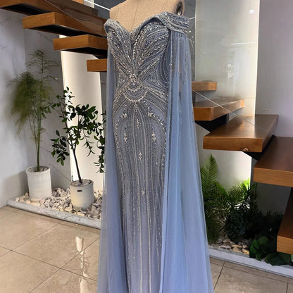 Luxury Blue Beaded Cape Sleeve Saudi Arabic Evening Dress LA73151