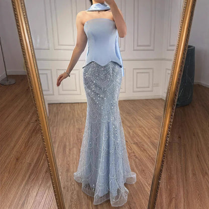 Blue Arabic Dubai Designer A-Line Evening Dress for Women Party LA73216