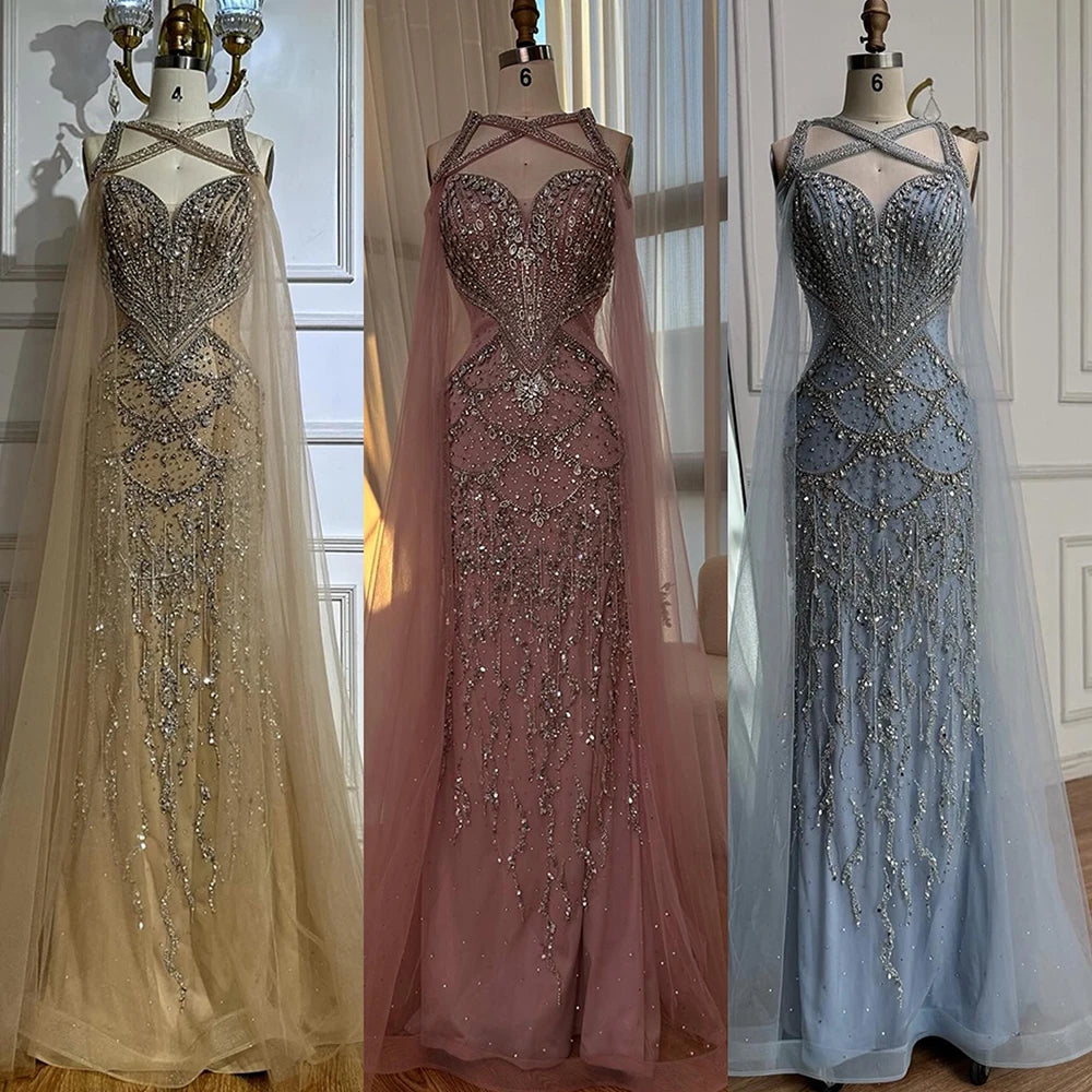 Luxury Nude Cape Sleeves Beaded Crystal Evening Dress LA72806