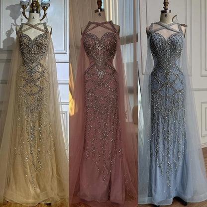 Luxury Nude Cape Sleeves Beaded Crystal Evening Dress LA72806