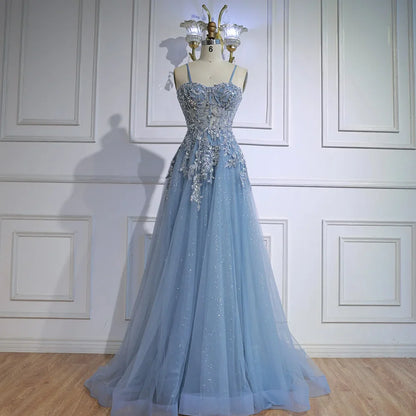 Luxury Gray Tulle A Line Prom Dress with Floral Appliques LA73015