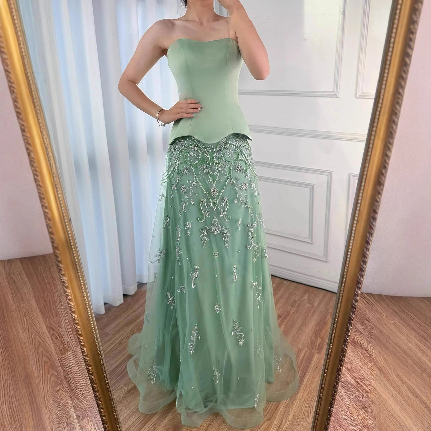 Elegant Sage Green Beaded A-Line Evening Dress Gown LA72809