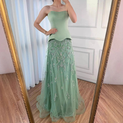 Elegant Sage Green Beaded A-Line Evening Dress Gown LA72809