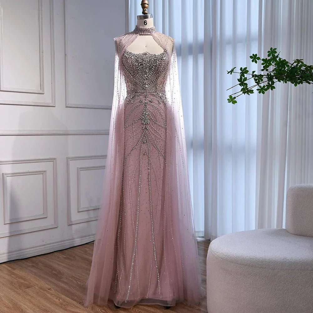 Luxury Dubai Nude Mermaid Evening Dress with Cape Sleeves LA73195