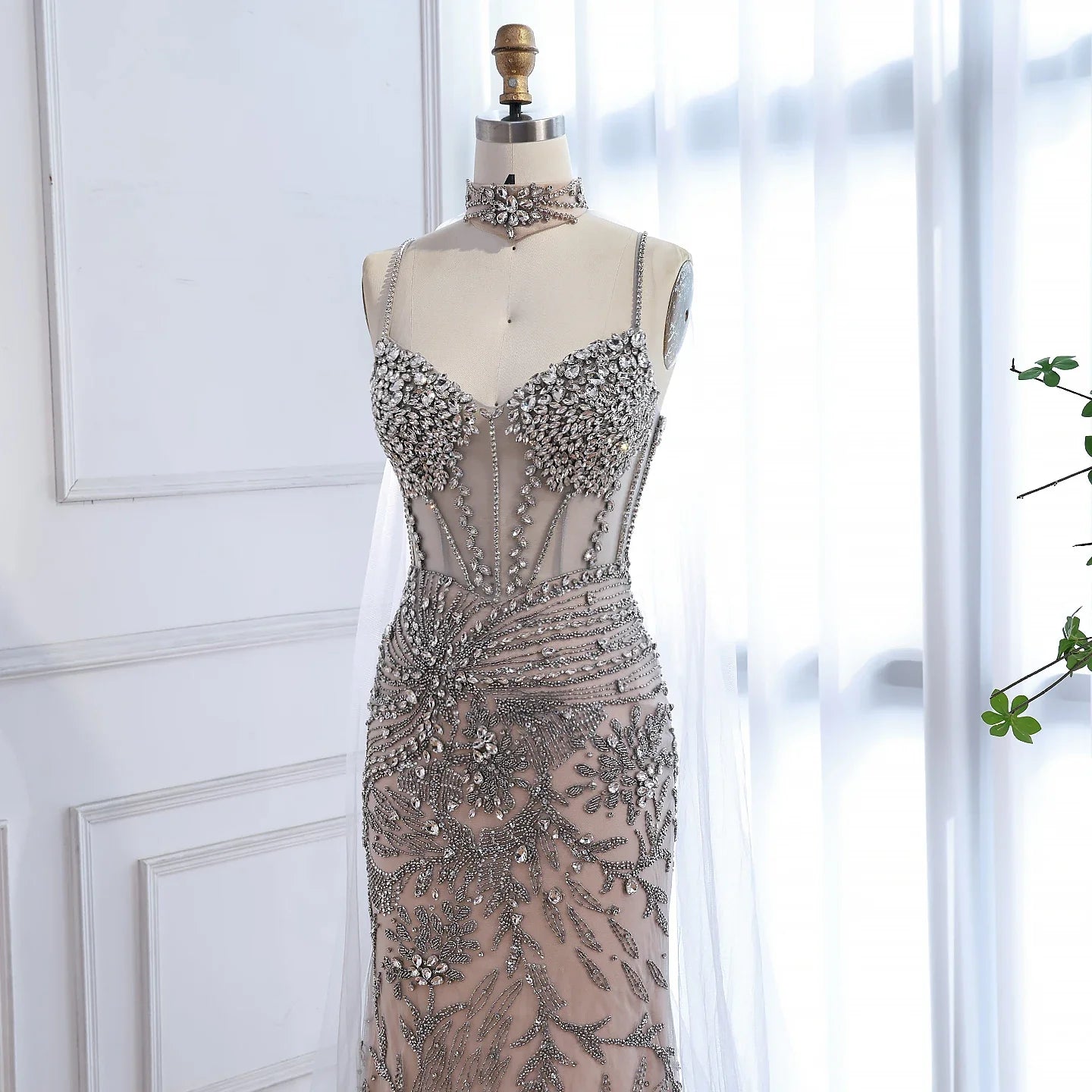 Luxury Evening Dress Grey Beaded With Cape Prom Gown LA73342
