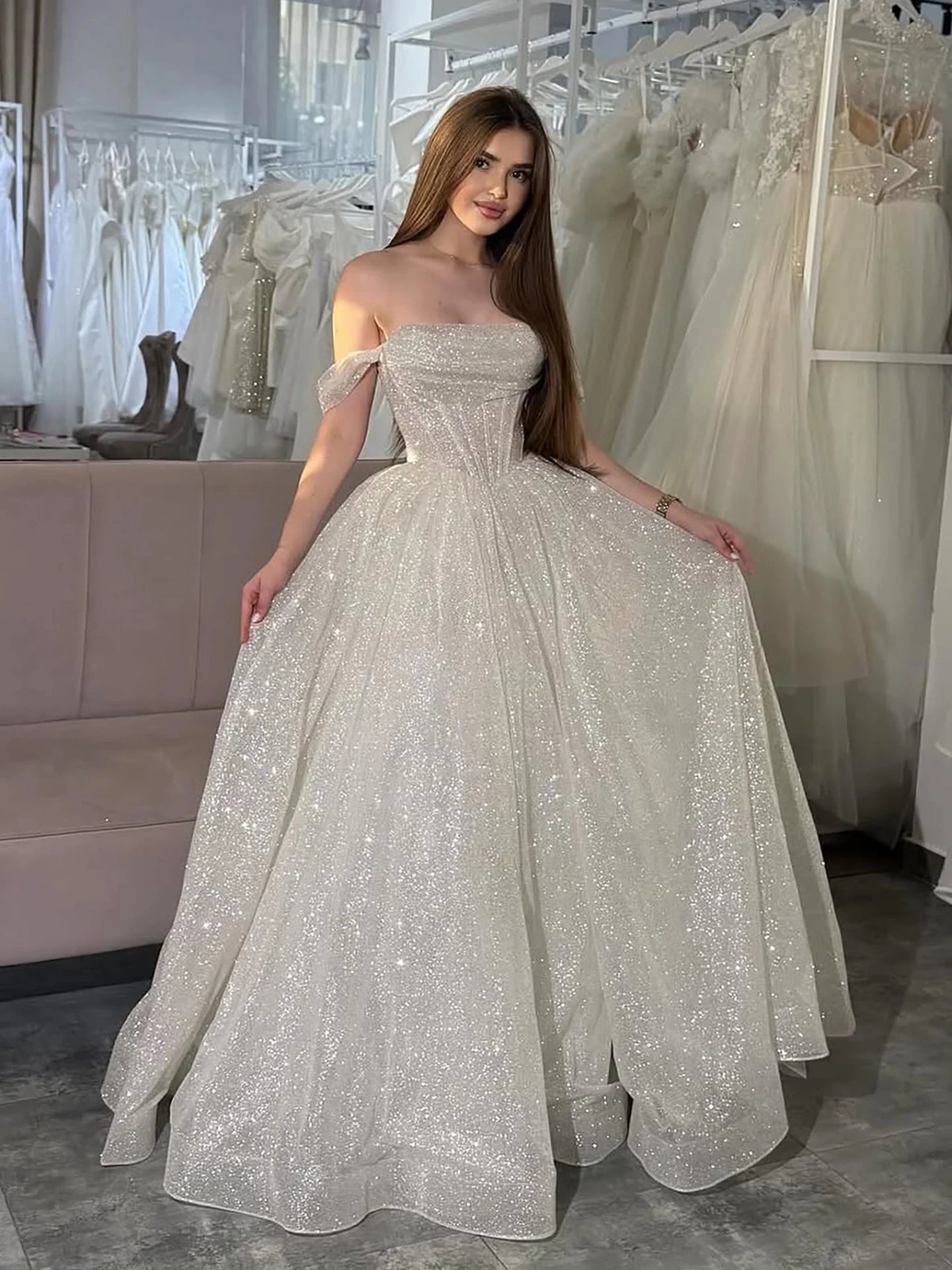 Luxury Pink Sequin Off Shoulder Evening Dress Ball Gown LA73456