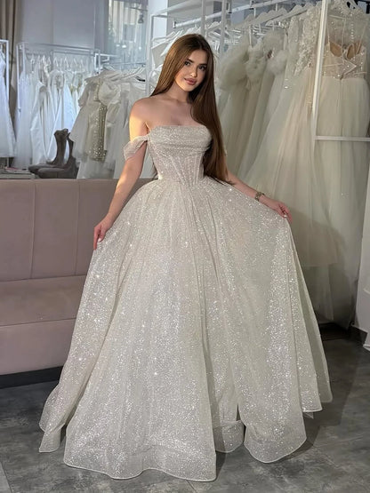 Luxury Pink Sequin Off Shoulder Evening Dress Ball Gown LA73456