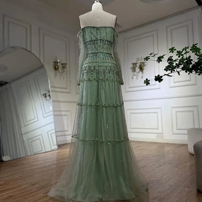 Luxury Sage Green Beaded Mermaid Evening Dress LA72350