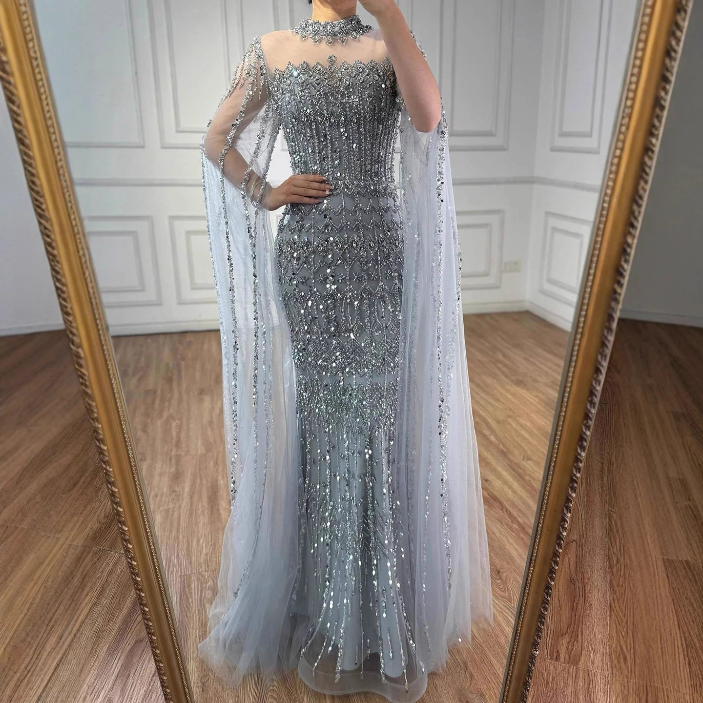 Luxury Nude Beaded Evening Dress with Long Cape Sleeves LA72714A