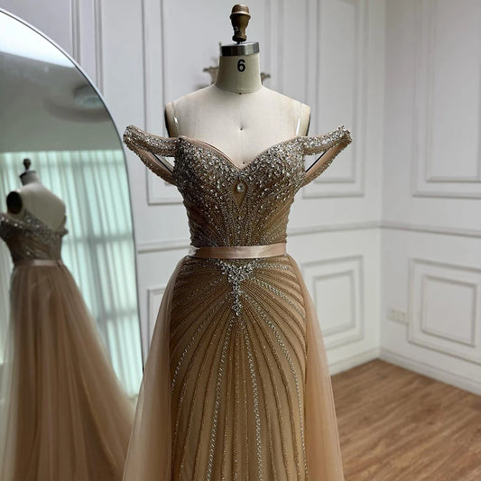 Luxury Nude Arabic Crystal Beaded Mermaid Off Shoulder Evening Dress LA73128