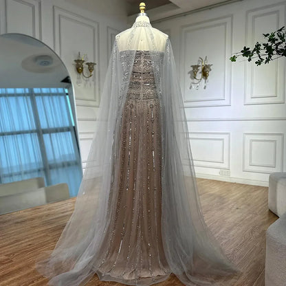 فستان سهرة فاخر من دبي بلون الكراميل على شكل حرف A ومزين بالخرز LA72873