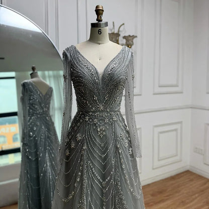 Luxury Pink Beaded A-Line Evening Dress 2025 with V Neck & Long Sleeves LA73114