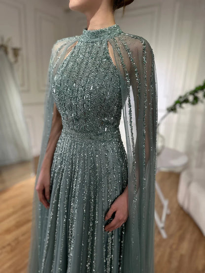 Luxury Caramel A-Line Cape Sleeve Beaded Evening Dress LA72306B