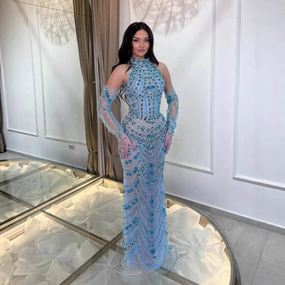 Luxury Dubai Arabic Blue Beaded Evening Dress with Gloves LA72760A