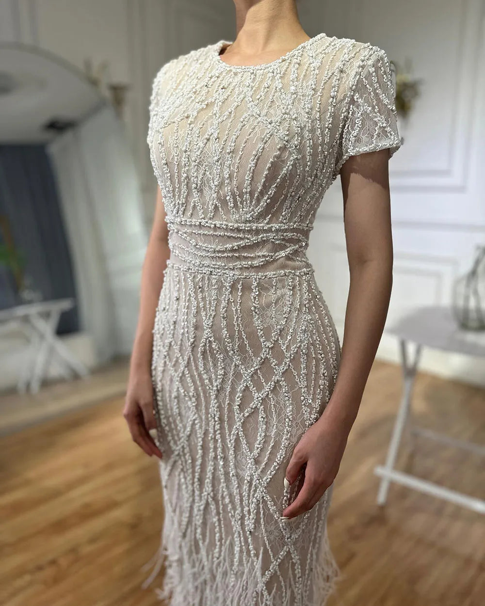 White Nude Ankle Length Beaded Evening Dress with Feathers LA72076A