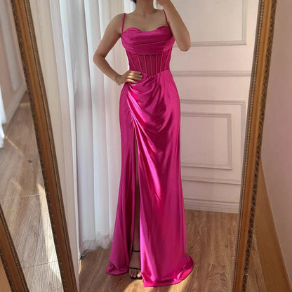 Pink Mermaid Sweetheart Ruched Silk Satin Evening Dress LA73153